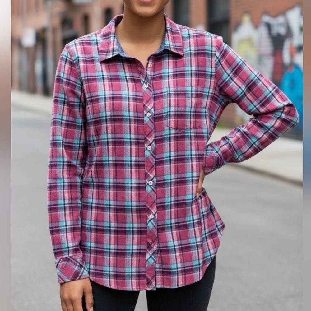 Talbots Women's Button Down Pink Aqua Plaid Long Sleeve Shirt Size Medium